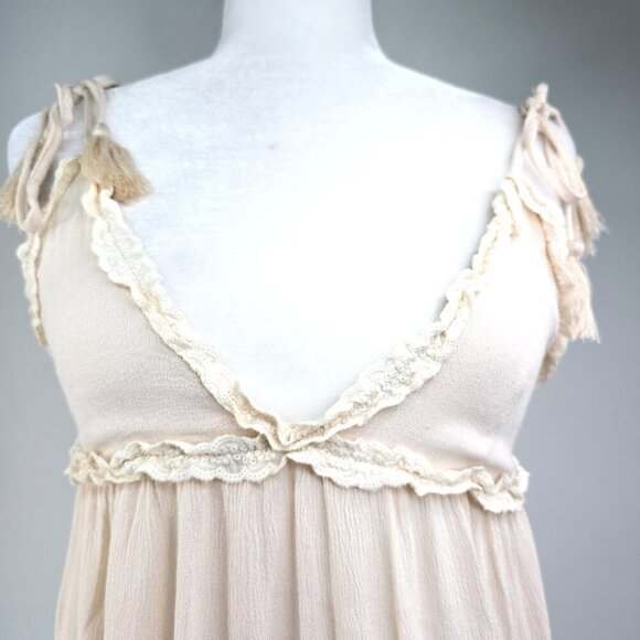Women's Oatmeal Beige Ruffle Strappy Fringe Crop Cami Tie Shoulder Boho Top - Picture 2 of 5